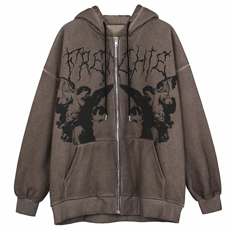 Vintage Zip Hoodie - Vintage Angel Print Oversized Hoodies Female
