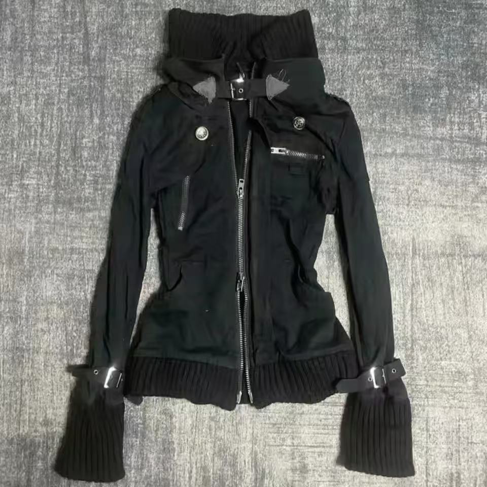 Vintage Zip Hoodie - Y2K Gothic Black Slim Double Zipper