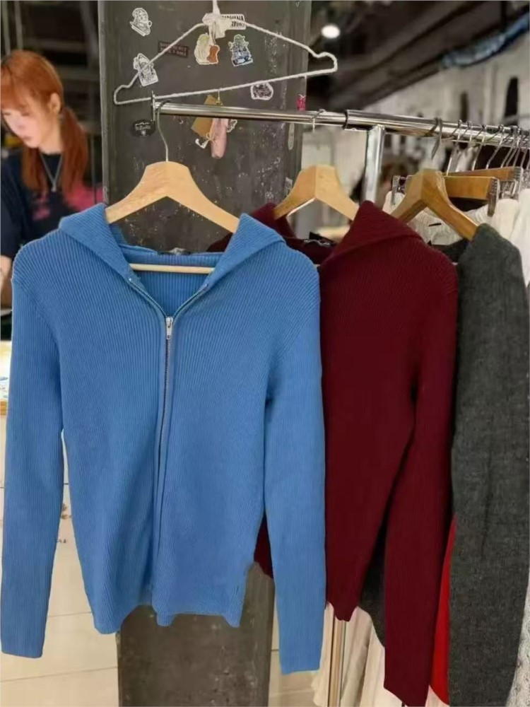 Blue Knitted Hoodies Tops Wome - Vintage Zip Hoodie 评论和价格