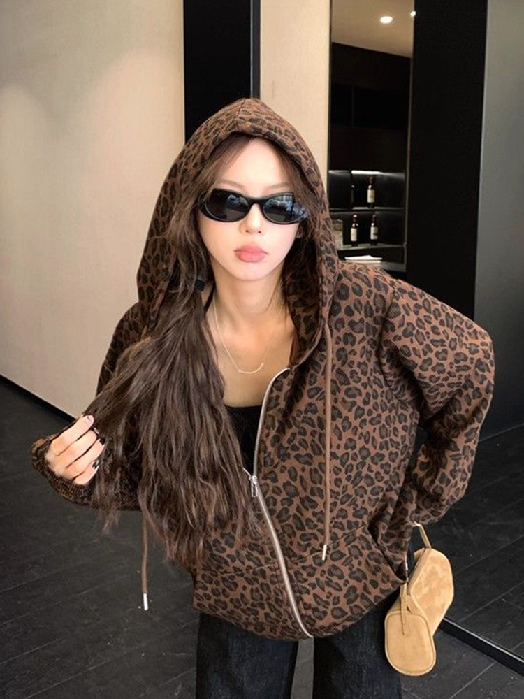 Women Y2K Leopard Hoodies Stre - Vintage Zip Hoodie 评论和价格