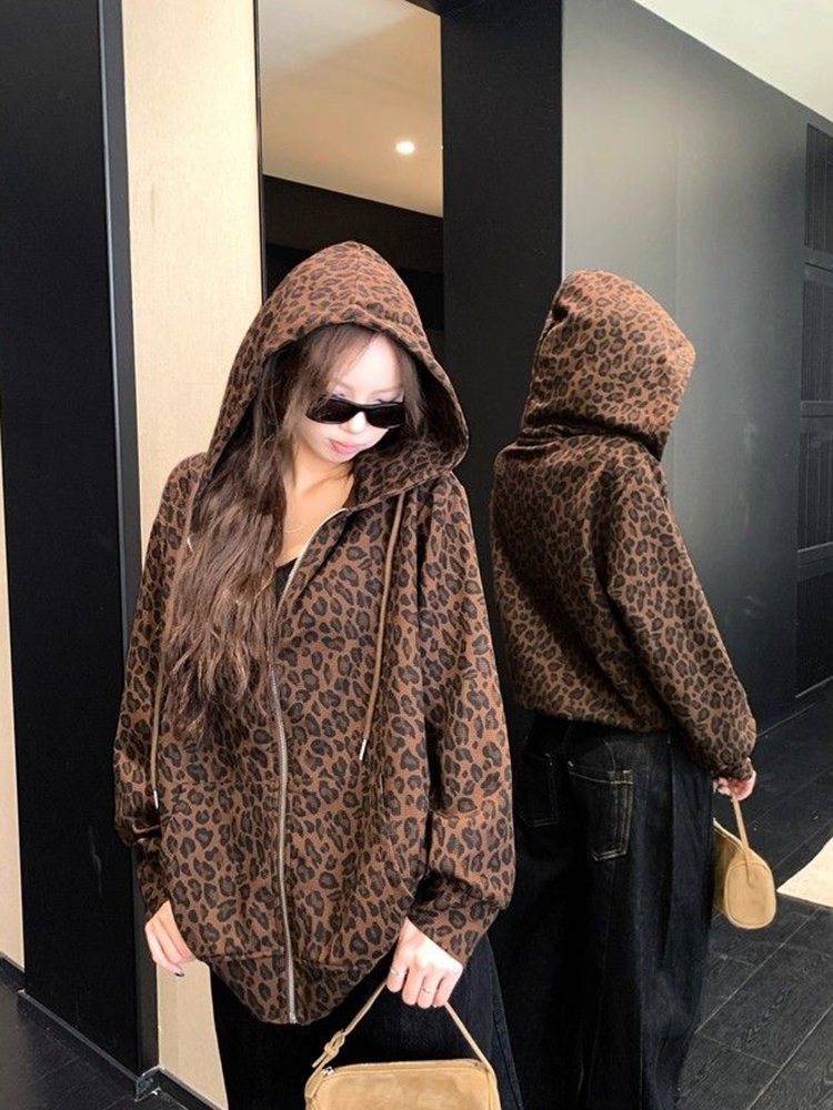 Women Y2K Leopard Hoodies Stre - Vintage Zip Hoodie 评论和价格