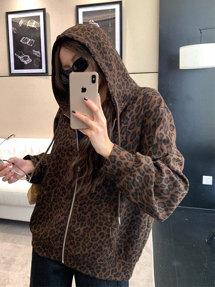 Women Y2K Leopard Hoodies Stre - Vintage Zip Hoodie 评论和价格