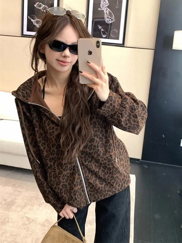 Women Y2K Leopard Hoodies Stre - Vintage Zip Hoodie 评论和价格